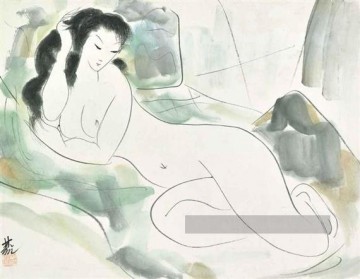 couché nue vieille encre de Chine Peinture à l'huile